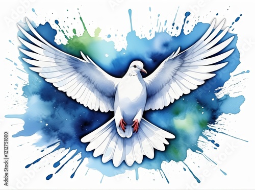 Majestic white dove soaring gracefully against a vibrant watercolor background with splashes of blue and green photo