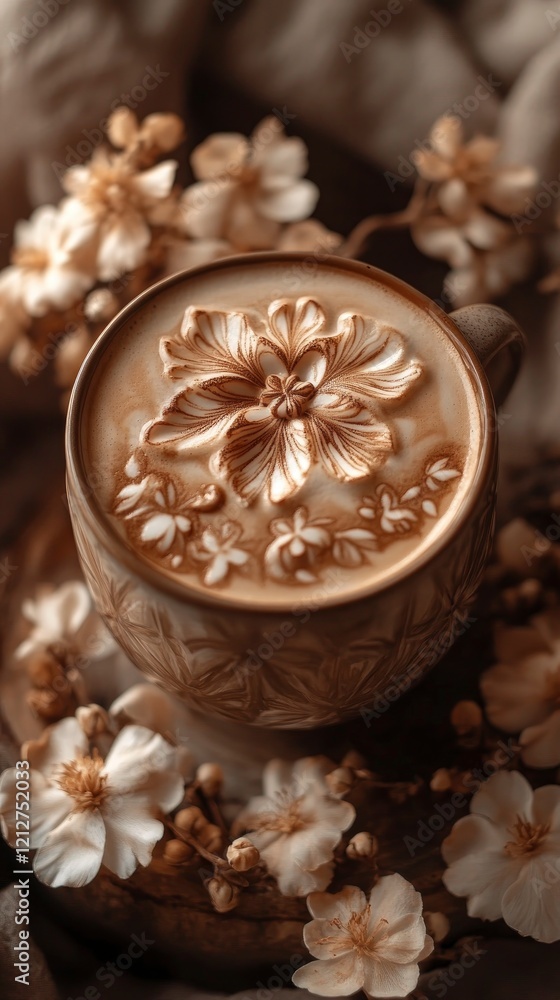 Creamy latte in a ceramic cup, topped with intricate latte art, surrounded by floral decorations, warm Mocha Mousse color Creamy latte in a ceramic cup, topped with intricate latte art, surrounded by floral decorations, warm Mocha Mousse color