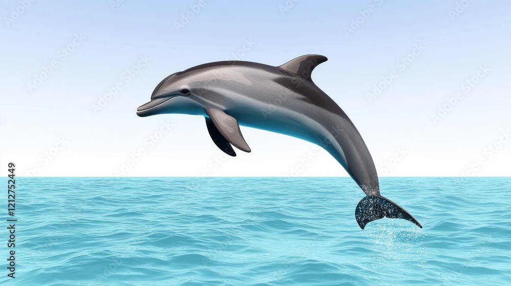 A dolphin gracefully leaps out of the sparkling blue ocean against a clear sky, showcasing its agility and playful nature. A dolphin gracefully leaps out of the sparkling blue ocean against a clear sky, showcasing its agility and playful nature.