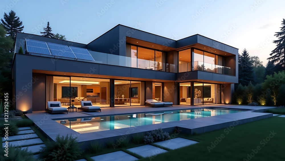 modern luxury house, swimming pool, nighttime, illuminated windows, contemporary architecture, wooden facade, glass walls, forest backdrop, exterior view, tranquil setting, minimalist design modern luxury house, swimming pool, nighttime, illuminated windows, contemporary architecture, wooden facade, glass walls, forest backdrop, exterior view, tranquil setting, minimalist design