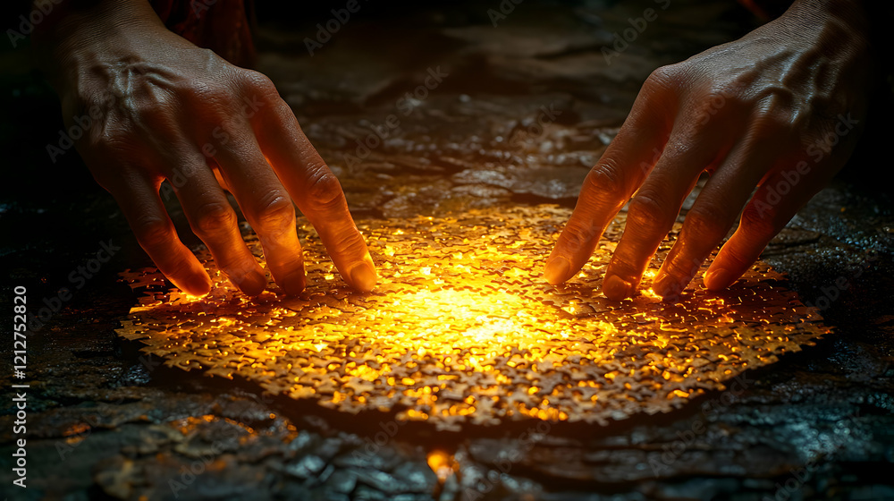 Naklejka premium Glowing Golden Energy Emanating from Mystical Hands