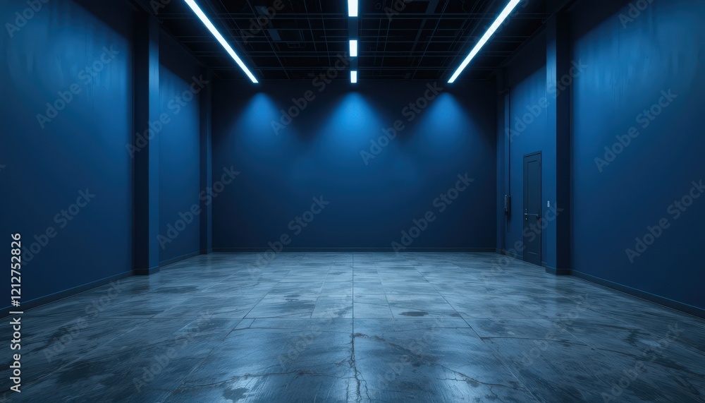 Soft blue walls and polished concrete floors define this expansive room illuminated by striking linear lights, fostering a calming atmosphere for artistic endeavors or gatherings Soft blue walls and polished concrete floors define this expansive room illuminated by striking linear lights, fostering a calming atmosphere for artistic endeavors or gatherings