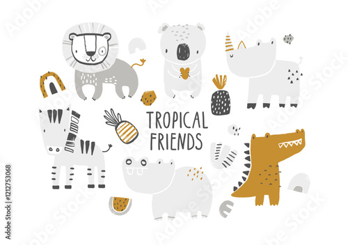 Vector set clipart collection with African, tropical animals. Crocodile, koala, zebra, rhinoceros, hippo, lion. Cute animals for children on white background. Hand-drawn illustration for kids.