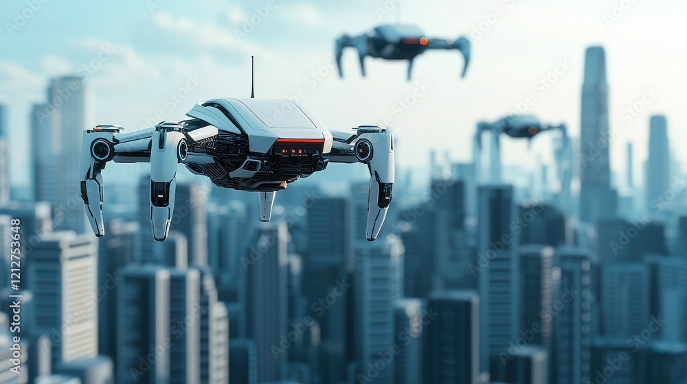Futuristic cityscape with flying robots, showcasing advanced technology and urban development in a dynamic environment. Futuristic cityscape with flying robots, showcasing advanced technology and urban development in a dynamic environment.