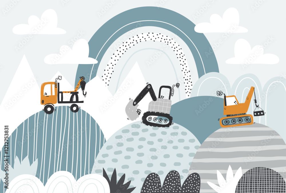 custom made wallpaper toronto digitalVector children hand drawn cute construction cars, mountain landscape, rainbow and clouds. Boho trendy design. Scandinavian. Illustration. Kids wallpaper design. Baby room design, wall decor, mural.