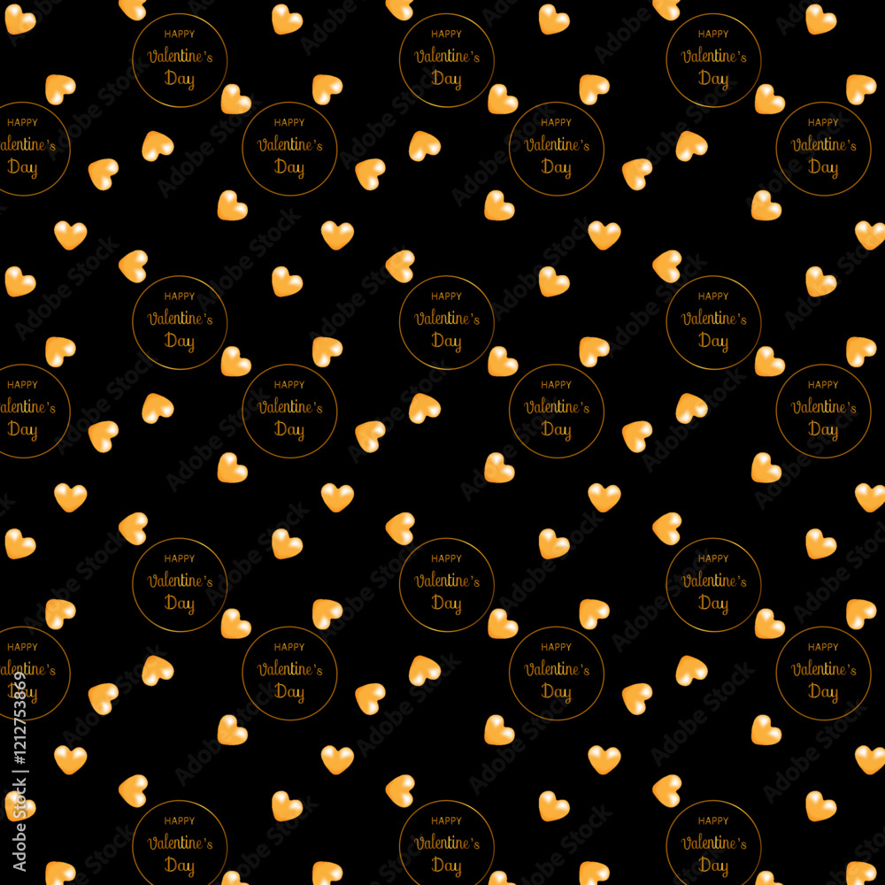This seamless Valentine's Day pattern features golden hearts and circular This seamless Valentine's Day pattern features golden hearts and circular