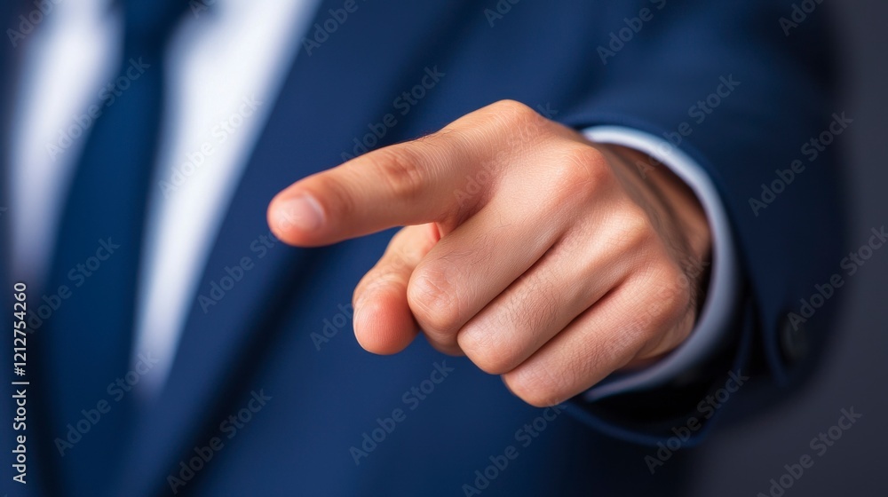 Fototapeta premium A close-up of a hand pointing, symbolizing authority, direction, or emphasis, set against a blurred background.