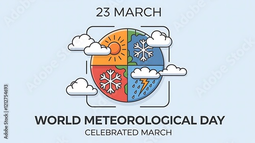 Vibrant Illustration for 'World Meteorological Day' Featuring a Globe Divided into Four Quadrants with Different Weather Phenomena photo