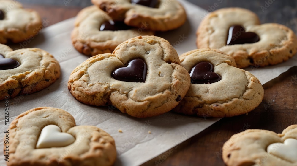 Heart-shaped cookies with chocolate filling, perfect for sharing or special occasions. Heart-shaped cookies with chocolate filling, perfect for sharing or special occasions.