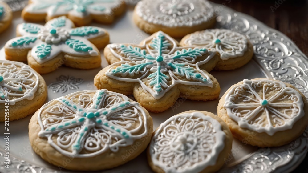 Decorative cookies with intricate icing designs on a silver platter. Decorative cookies with intricate icing designs on a silver platter.