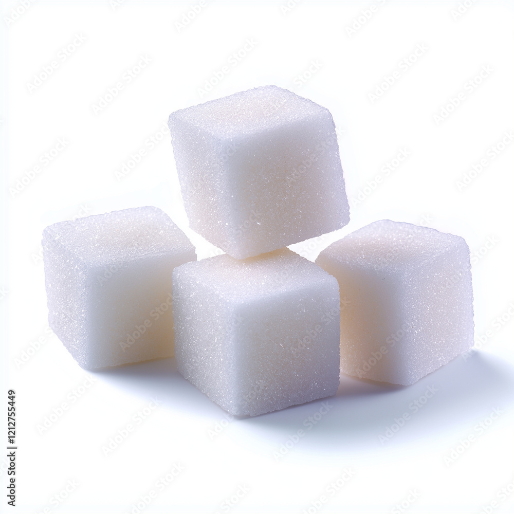 Four white sugar cubes stacked on white background, showcasing their crystalline texture and clean appearance. Perfect for culinary and beverage presentations Four white sugar cubes stacked on white background, showcasing their crystalline texture and clean appearance. Perfect for culinary and beverage presentations