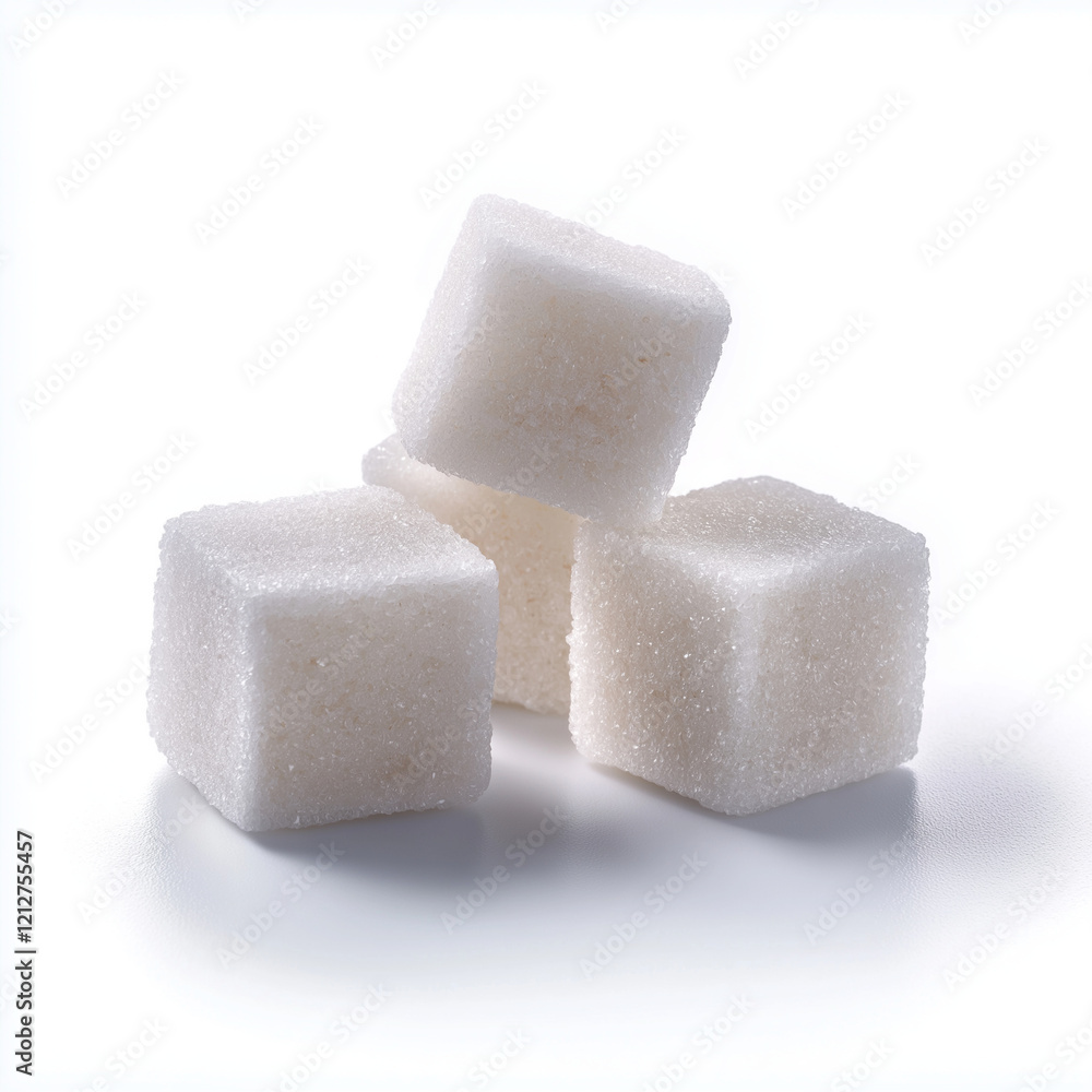 Four white sugar cubes stacked on reflective surface, creating clean and minimalistic look. simplicity of image evokes sense of purity and sweetness Four white sugar cubes stacked on reflective surface, creating clean and minimalistic look. simplicity of image evokes sense of purity and sweetness