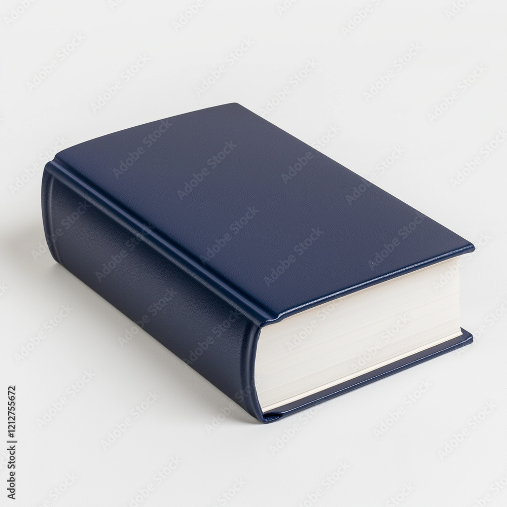blue hardcover book with white pages, standing upright on white background, exuding sense of knowledge and curiosity blue hardcover book with white pages, standing upright on white background, exuding sense of knowledge and curiosity