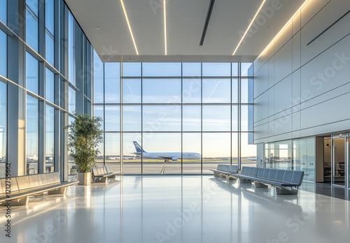 Modern airport terminal interior featuring spacious waiting area  sleek design  natural light  and view of airplane on runway  reflecting travel and comfort experience.
