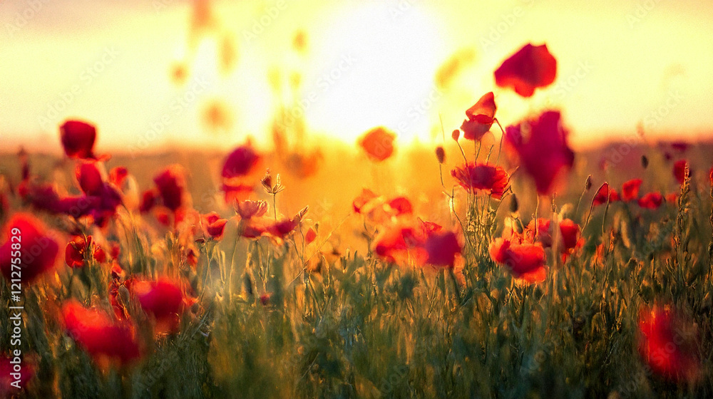Fototapeta premium Red poppies at sunset. Nature, flowers, field, glare green, grass, red, flowers. Red and green flowers in the grass. Green grass and flowers in nature with a glare of green and red. Poppies lifestyle.