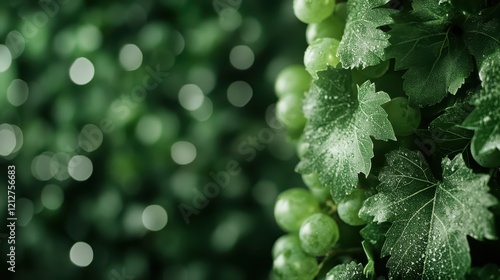 A striking composition of green grapes and healthy leaves, illustrating the cycle of nature and the promise of a fruitful harvest in an enchanting environment. photo