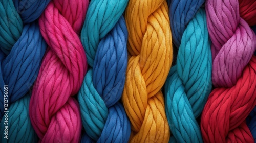 A close-up image of thick, colorful ropes braided together creates a beautiful texture, embodying creativity, strength, and artistic expression in a vibrant display. photo