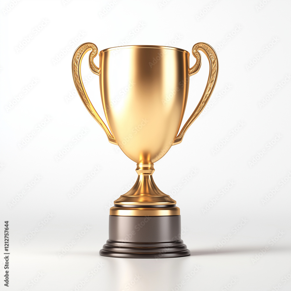 shiny golden trophy with ornate handles, symbolizing achievement and success, stands on wooden base against white background shiny golden trophy with ornate handles, symbolizing achievement and success, stands on wooden base against white background