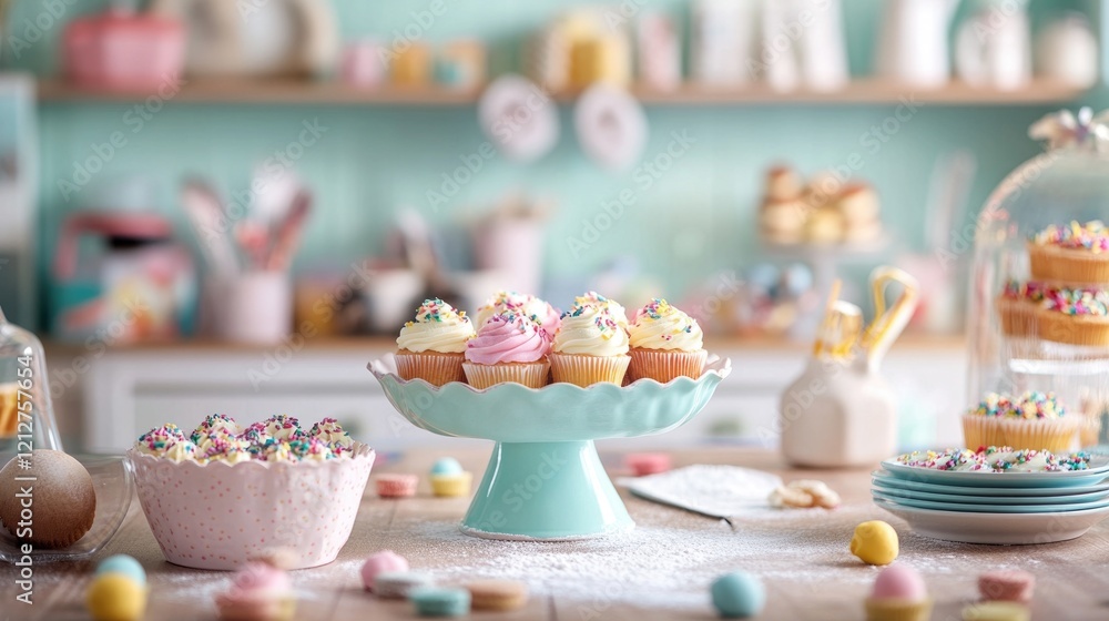 Pastel Kitchen Scene with Delicious Cupcakes and Baking Supplies on Wooden Tabletop Pastel Kitchen Scene with Delicious Cupcakes and Baking Supplies on Wooden Tabletop