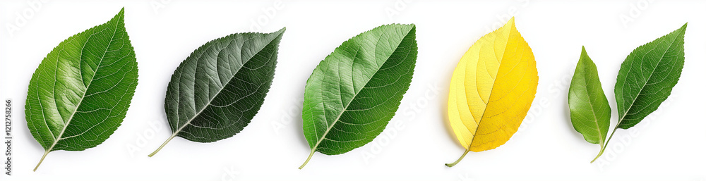 Obraz premium Isolated green leaves in various shades, showcasing nature beauty and diversity. collection includes vibrant green, dark green, yellow, and light green leaves, perfect for design projects