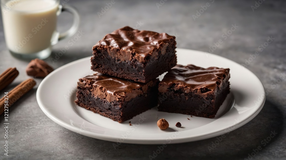 A plate of rich chocolate brownies served with a glass of milk. A plate of rich chocolate brownies served with a glass of milk.