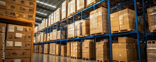 Large warehouse storage facility with rows of shelving units stacked with cardboard boxes. Industrial logistics center for inventory management and distribution. photo