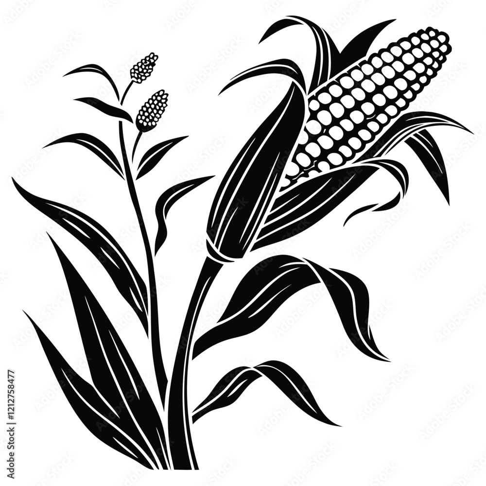 Ταπετσαρία Detailed silhouette of a corn stalk with two ears of corn and flowing leaves