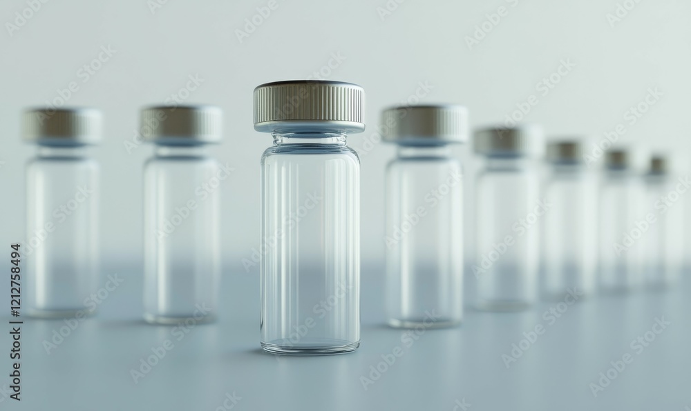 Transparent medical vials with silver caps create modern laboratory scene Transparent medical vials with silver caps create modern laboratory scene