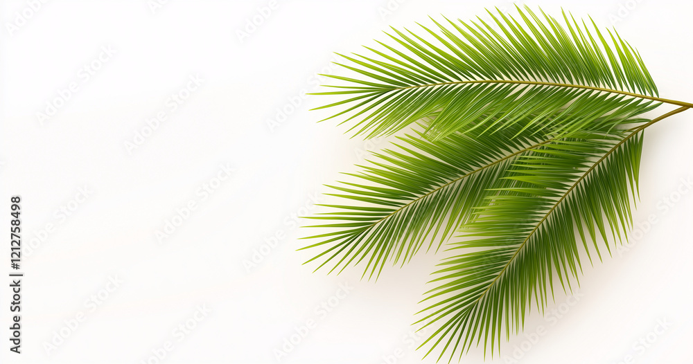 Obraz premium Isolated palm leaf on white background, showcasing vibrant green foliage. This close up image highlights intricate details and textures of palm leaf, perfect for nature themed designs