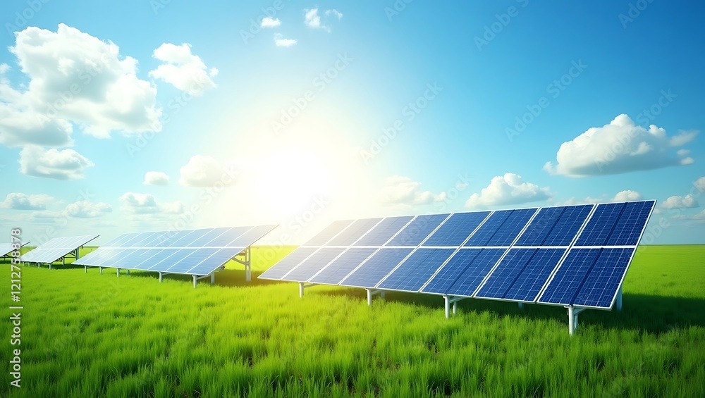 Solar panels, green grassy field, blue sky, white fluffy clouds, sunlight, renewable energy, photorealistic, high resolution, vibrant colors, environmental sustainability, clean energy Solar panels, green grassy field, blue sky, white fluffy clouds, sunlight, renewable energy, photorealistic, high resolution, vibrant colors, environmental sustainability, clean energy
