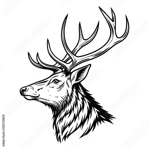 Black and white profile illustration of a deer with large antlers. Detailed line art capturing the deer's texture and antler structure. Ideal for wildlife, nature, and outdoor themes photo