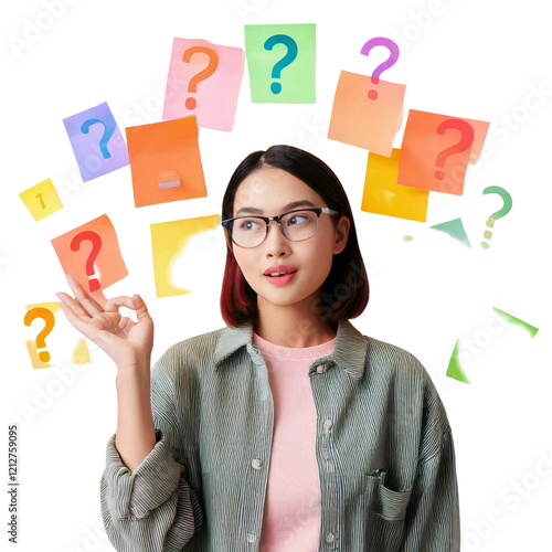 Young woman pondering questions, colorful question marks surrounding her.  Concept of decision-making, problem-solving, or uncertainty.