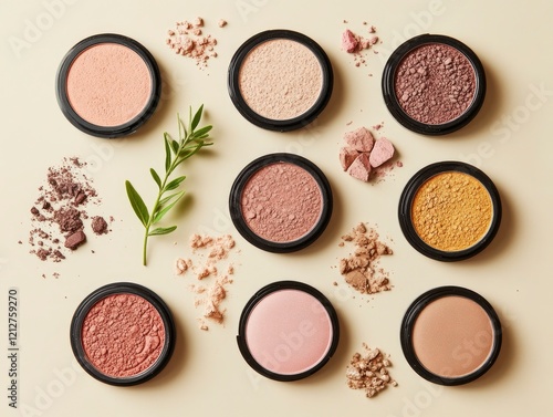 A flat lay of compact powders, blushes, and bronzers with crushed powder textures in earthy and pastel tones photo