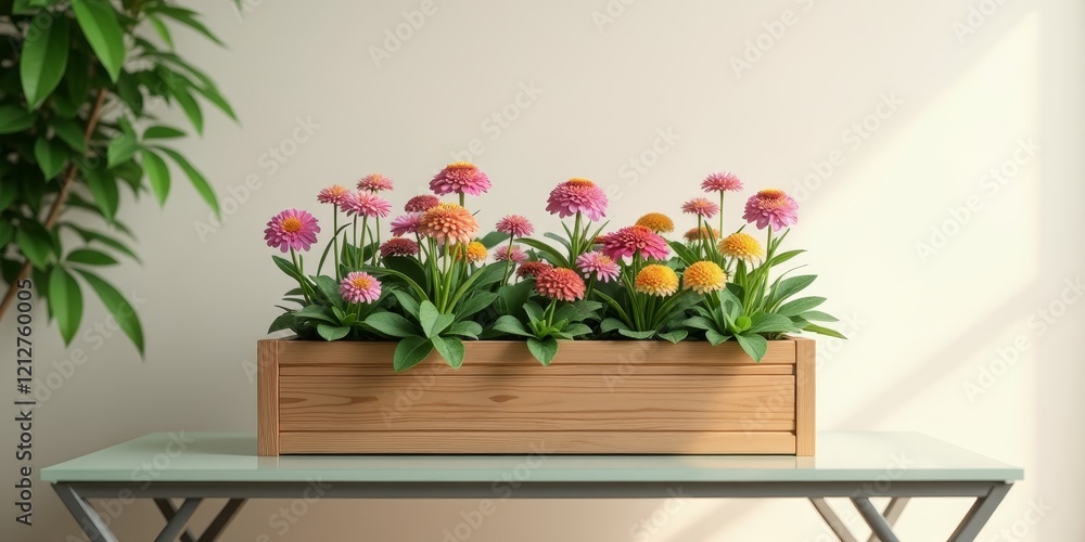 A wooden planter box with pink and yellow flowers on a table A wooden planter box with pink and yellow flowers on a table