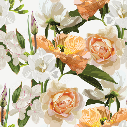 Seamless floral pattern, creamy roses, white peony, fresia, poppy on a white background. Design for wallpaper, fabric, wrapping paper, cover and more. Vector illustration.