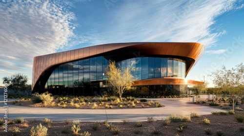 A futuristic building with a Mocha Mousse colored exterior, reflecting soft sunlight, set against a clear blue sky