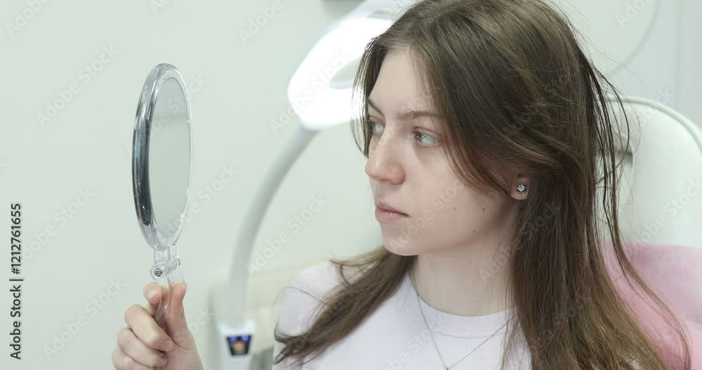 Beautiful and happy young woman sitting in medical chair and looking in the mirror. She is satisfied after successful beauty treatment with hyaluronic acid fillers or botulinum toxin injections. Beautiful and happy young woman sitting in medical chair and looking in the mirror. She is satisfied after successful beauty treatment with hyaluronic acid fillers or botulinum toxin injections.