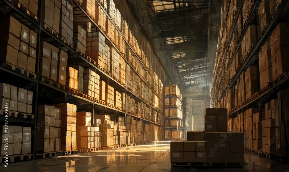 vast warehouse interior showcases neatly stacked boxes along aisles, illuminated by warm glow at far end, creating sense of depth and spaciousness vast warehouse interior showcases neatly stacked boxes along aisles, illuminated by warm glow at far end, creating sense of depth and spaciousness