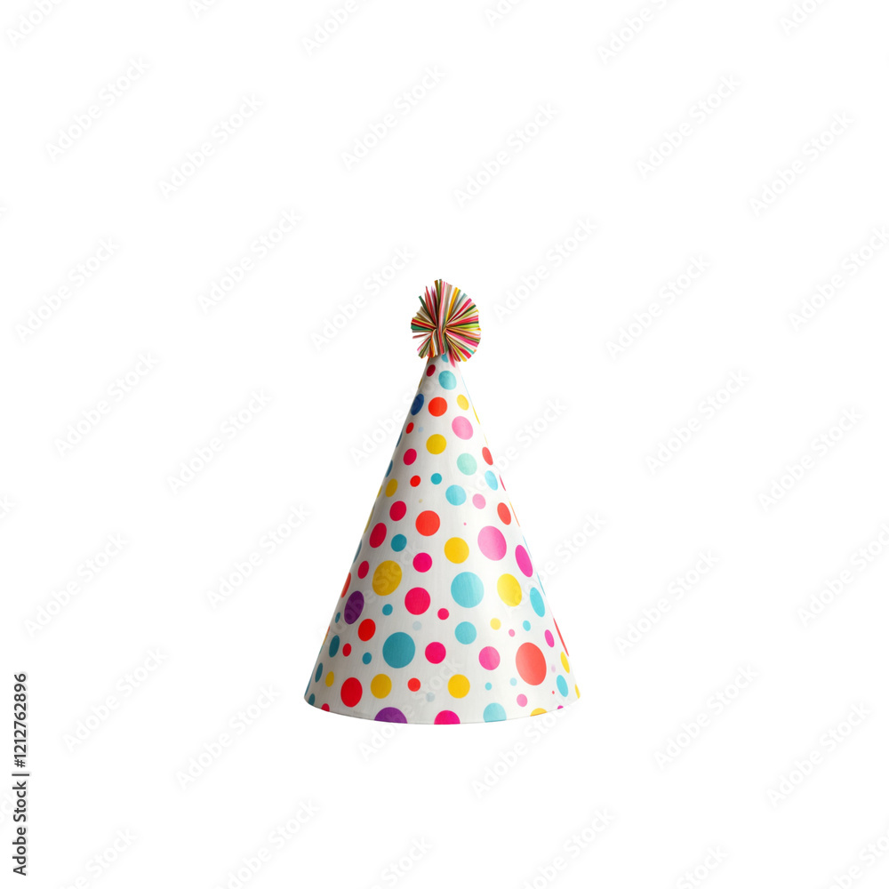 Festive Celebration: A single party hat, adorned with a pattern of colorful polka dots, rests with a playful pom-pom perched on its peak, ready for joyous festivities. Festive Celebration: A single party hat, adorned with a pattern of colorful polka dots, rests with a playful pom-pom perched on its peak, ready for joyous festivities.
