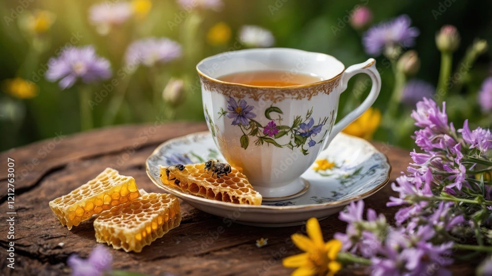 A cup of tea with honeycomb, surrounded by flowers on a rustic wooden table. A cup of tea with honeycomb, surrounded by flowers on a rustic wooden table.