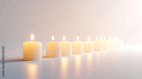 A simple, glowing menorah with lit candles placed on a pure white background for Passover. picture photo