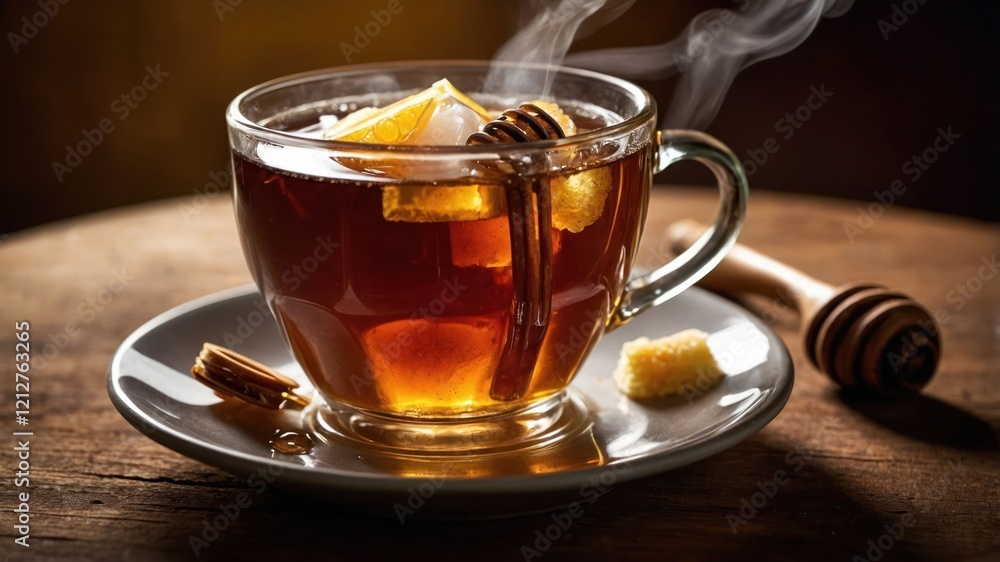 A steaming cup of tea with honey, lemon, and sugar on a wooden table. A steaming cup of tea with honey, lemon, and sugar on a wooden table.