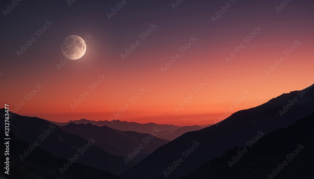 Full moon rising over mountains at twilight with a gradient orange and purple sky Full moon rising over mountains at twilight with a gradient orange and purple sky
