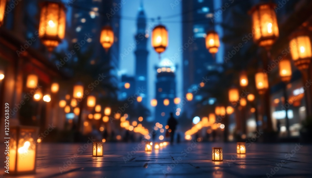 Magical Night Street with Glowing Lanterns and Cityscape Background Magical Night Street with Glowing Lanterns and Cityscape Background