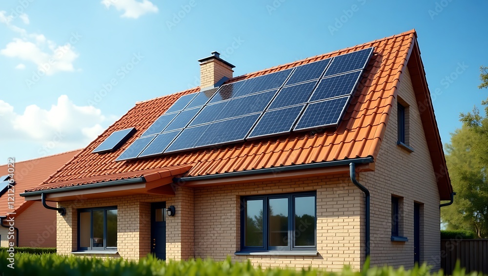 Solar panels, residential house, orange tiled roof, eco-friendly home, sunny day, blue sky, white clouds, energy efficient, sustainable living, suburban architecture, modern home design Solar panels, residential house, orange tiled roof, eco-friendly home, sunny day, blue sky, white clouds, energy efficient, sustainable living, suburban architecture, modern home design