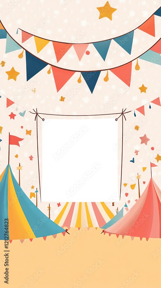 Blank ad frames in natural settings Colorful circus background with festive flags. Versatile advertising space mockups Blank ad frames in natural settings Colorful circus background with festive flags. Versatile advertising space mockups