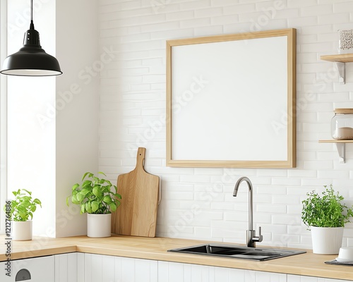 Blank ad frames in natural settings Modern kitchen with minimalistic decor. Versatile advertising space mockups photo