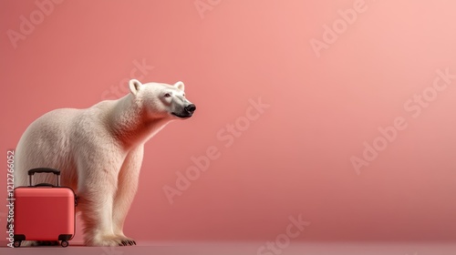 A gentle polar bear stands near a pink suitcase, framed by a soft pink backdrop, highlighting themes of adventure, nature, and the unbreakable bond with wildlife. photo