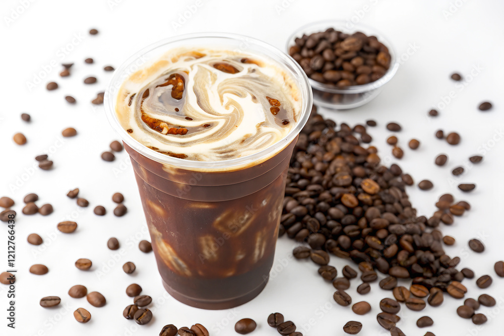 Iced coffee with cream and coffee beans on a white background. Iced coffee with cream and coffee beans on a white background.