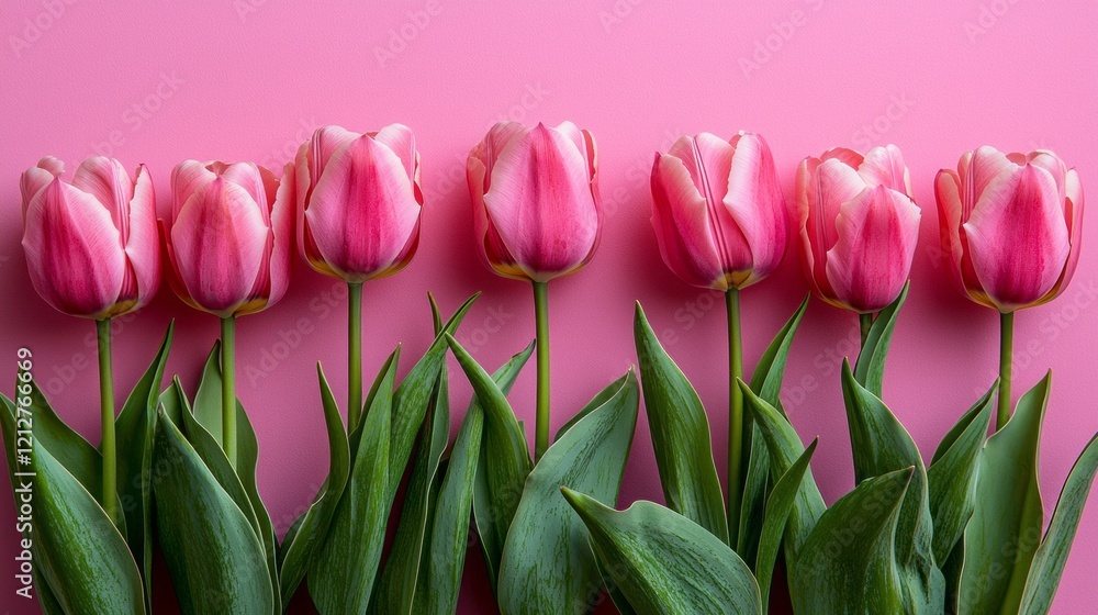Fototapeta premium Vibrant pink tulips stand proud against a lively pink background, showcasing their delicate petals and lush green leaves. This stunning floral arrangement celebrates spring's essence